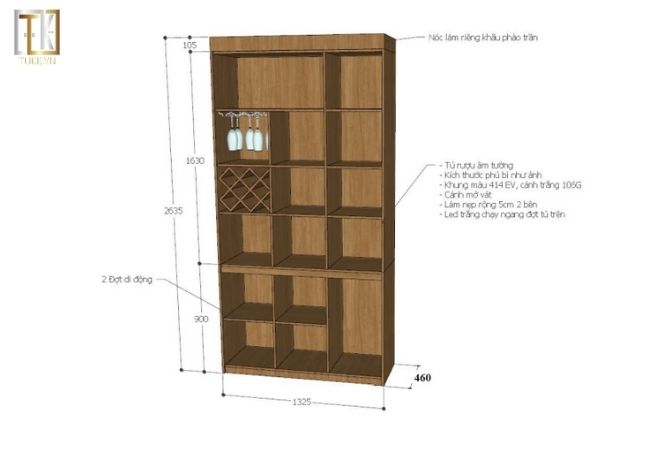 thiết kế chi tiết các ngăn bên trong tủ rượu gỗ An Cường lõi xanh