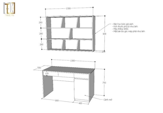 thiết kế bàn học và giá sách