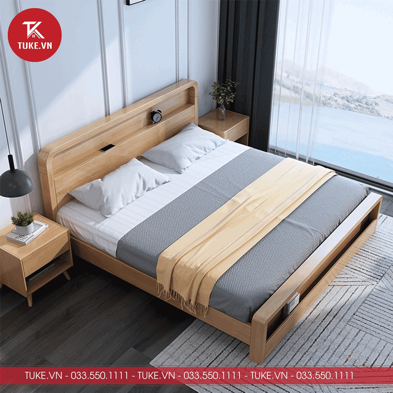 Giường ngủ có thiết kế hiện đại, gam màu gỗ đẹp mặt